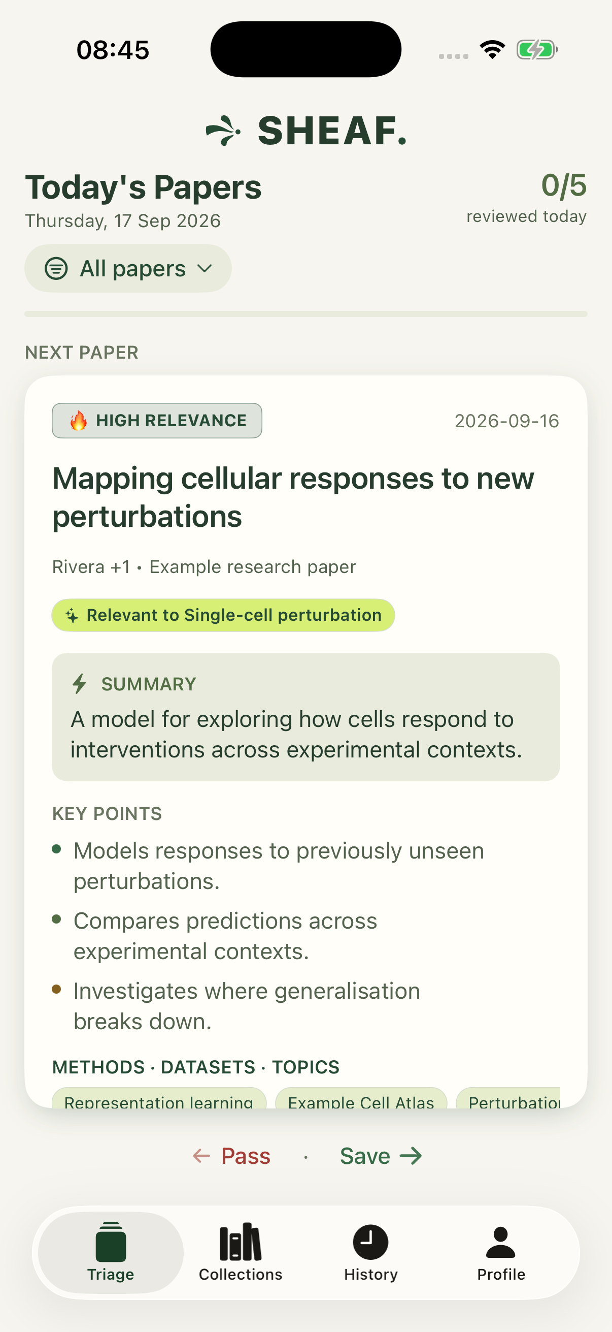 Sheaf iOS shortlist with a paper summary, relevance explanation and save or pass controls